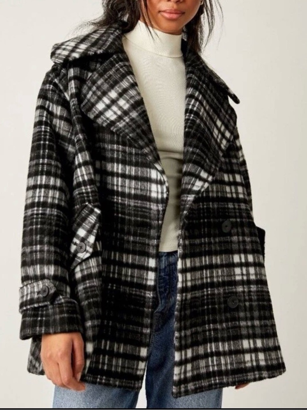 Free People Oversized Plaid Peacoat Womens XS Wool Blend Fall Coat
